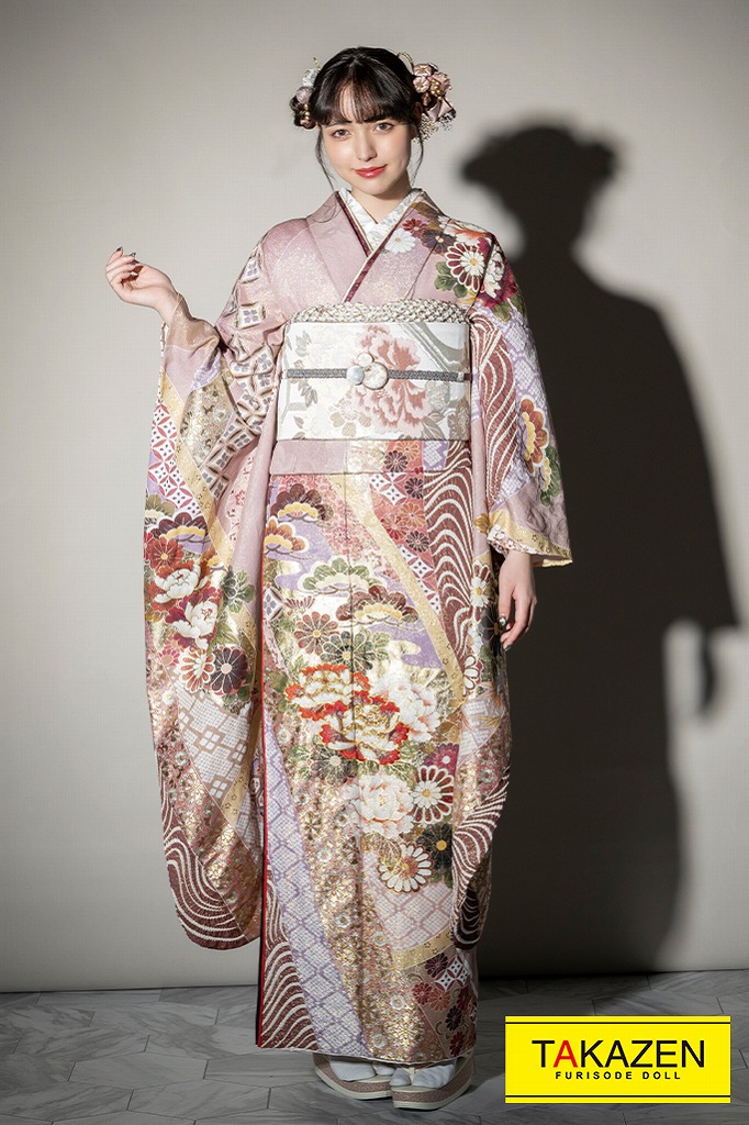 高級くすみカラー古典　ピンク/淡い色　牡丹柄　桂由美プレミアム振袖ネットレンタル　煌びやか　K546