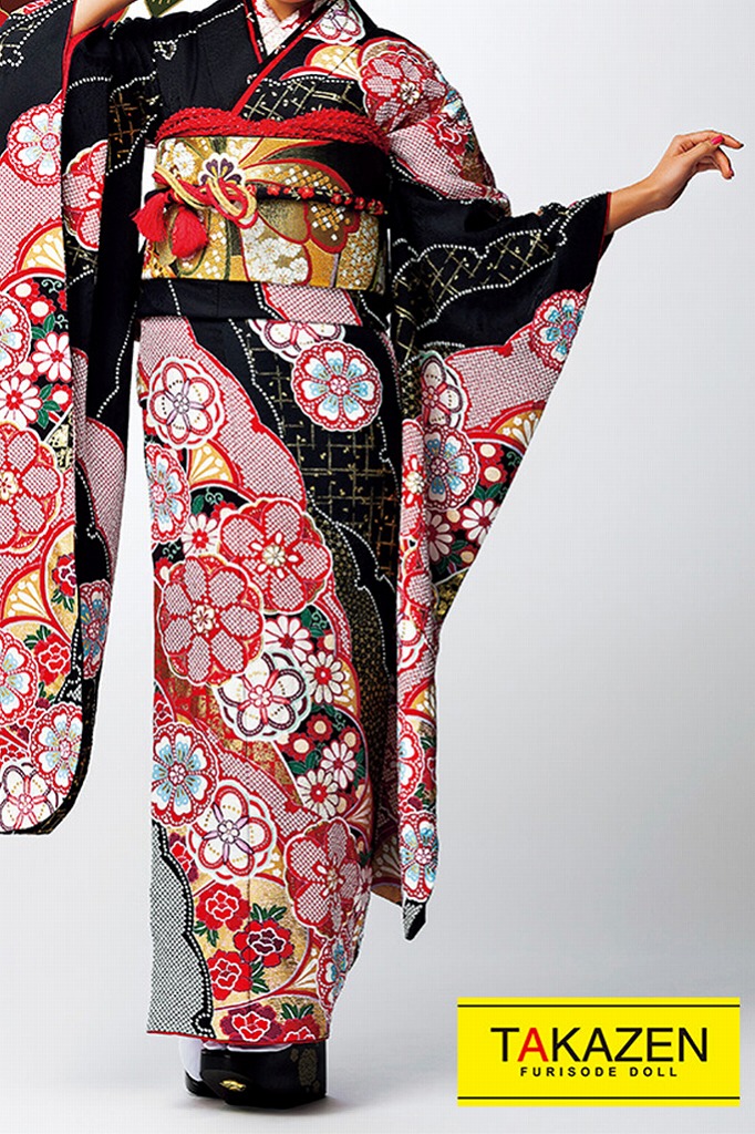 ジャパンモード　黒/赤　豪華絞り柄　渋い　かっこいい　極妻風振袖ネットレンタル　#F0105