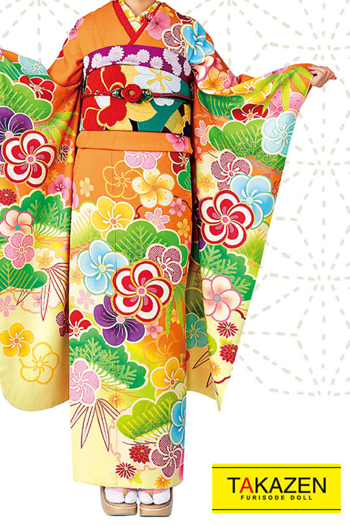 レトロポップ　オレンジ/ピンク/黄緑　梅柄/現代柄　個性的　おしゃれ振袖ネットレンタル　可愛い　モダン　　32092