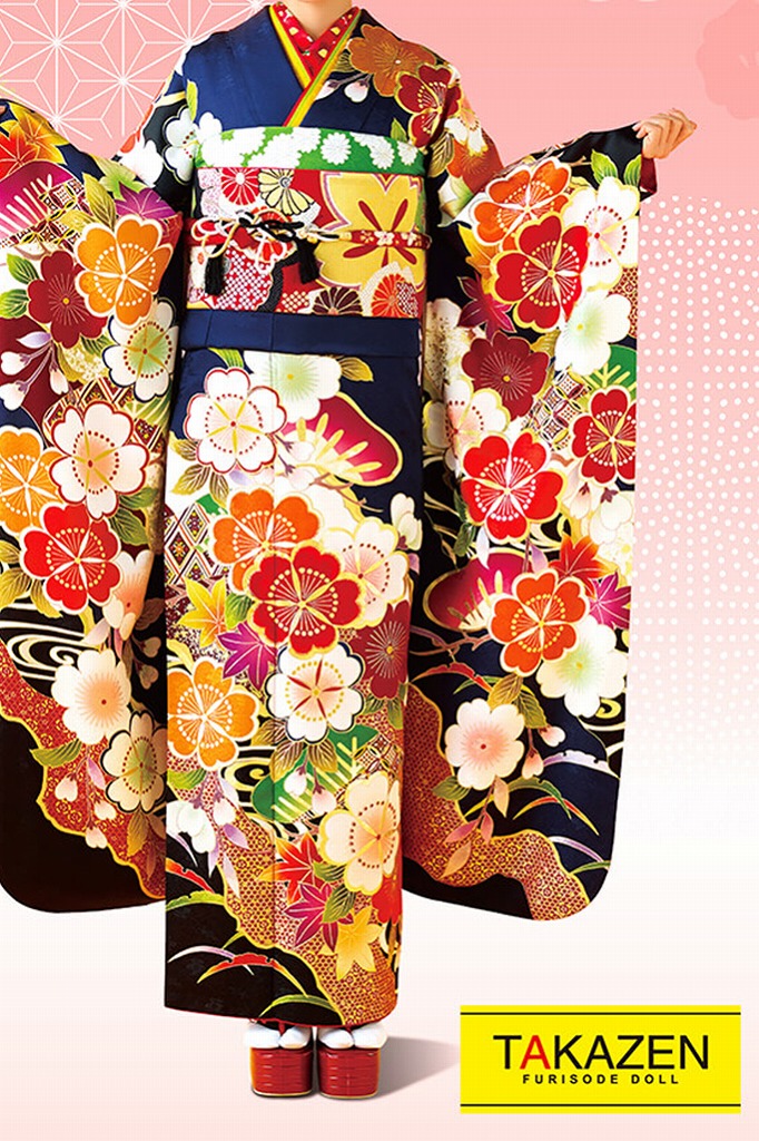 正統派古典　ネイビー/紺(ブルー)/赤/オレンジ　サクラ柄　かわいい古典振袖ネットレンタル　ポップ　柄多め　32045