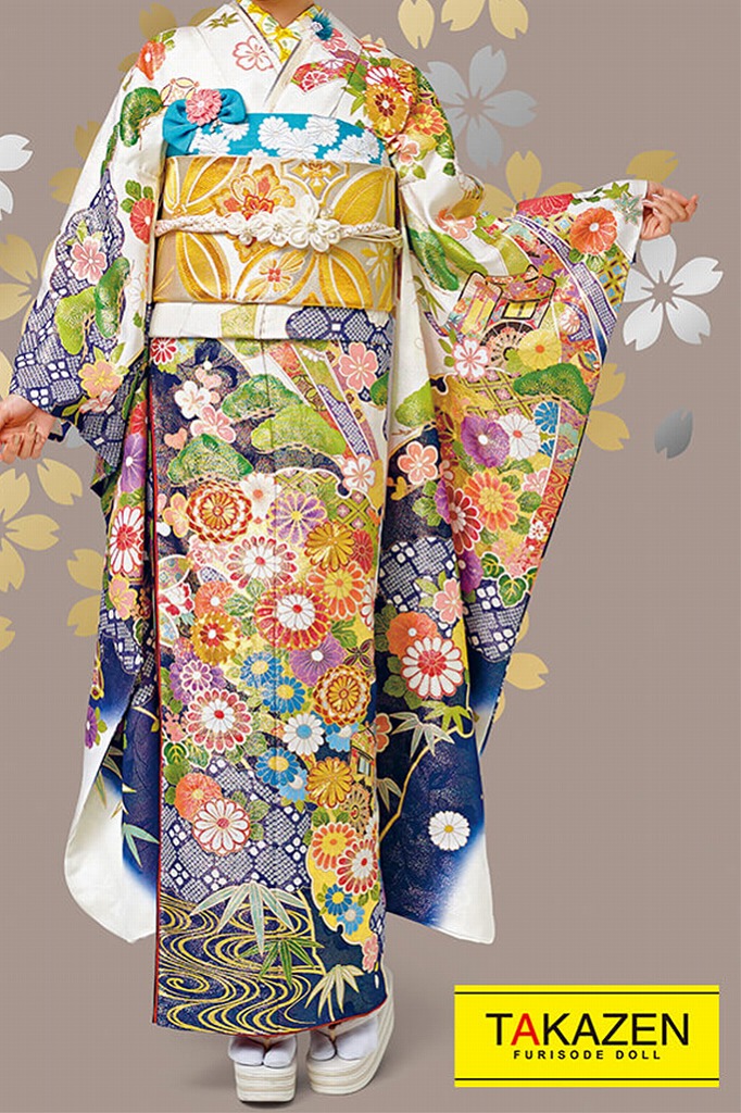 プレミアム古典　白/青(ブルー)　菊柄　最高級　豪華　金彩古典振袖ネットレンタル　桂由美プレミアム　　22026