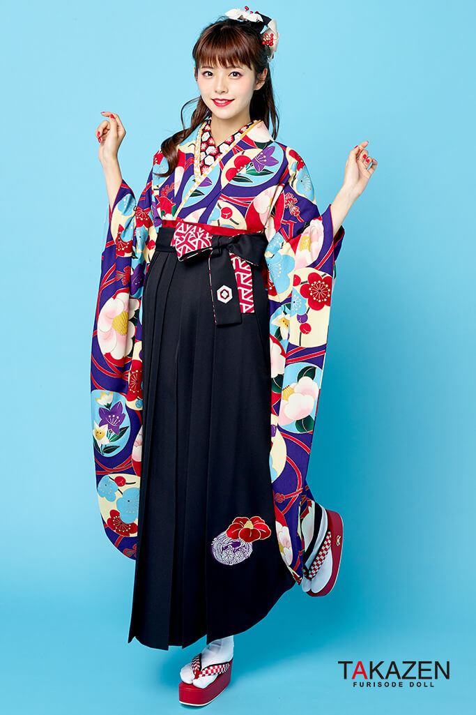 レトロモダン　紫/赤/ブルー(水色)　個性的袴ネットレンタル(おしゃれ椿柄)　R21003