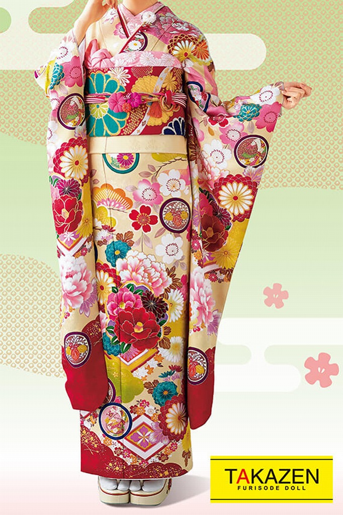 正統派古典　クリーム/ピンク　ツバキ柄　清楚　可愛い　華やか古典振袖ネットレンタル　ポップ　22017