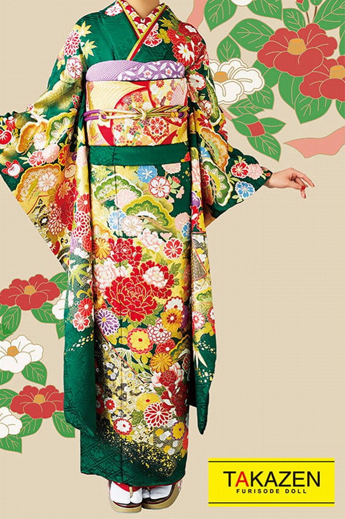 プレミアム古典　グリーン(緑色)/金　牡丹柄　豪華　金彩古典振袖ネットレンタル　桂由美プレミアム　32057
