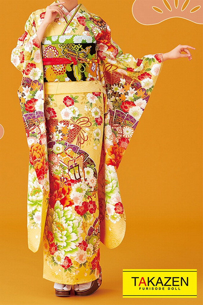 正統派古典　オレンジ/黄色　ボタン柄/大柄　上品　大柄古典振袖ネットレンタル　大人っぽい　豪華　32076