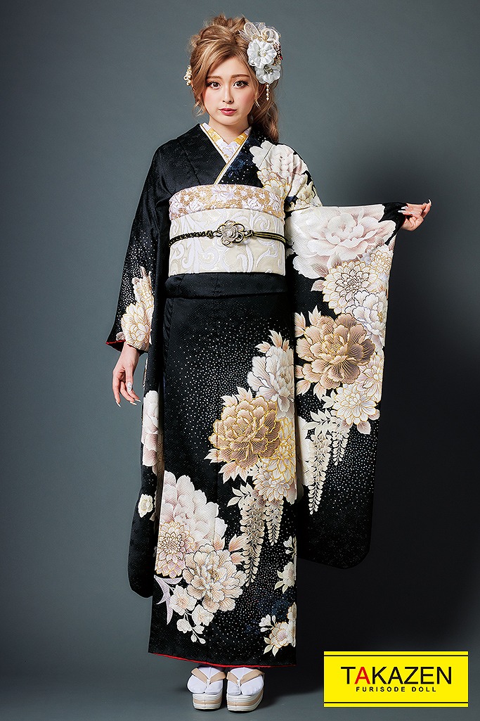 モード　黒　牡丹柄　ゆうちゃみ振袖ネットレンタル　個性派　ヴィンテージモード　スワロフスキー付き　K576