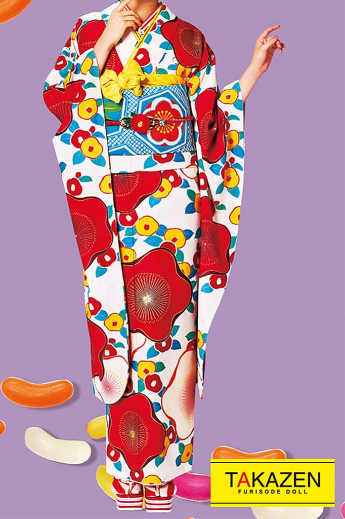 激安レトロ　白/赤　ツバキ柄　ポップ振袖ネットレンタル　目立つ　大正ロマン　32026