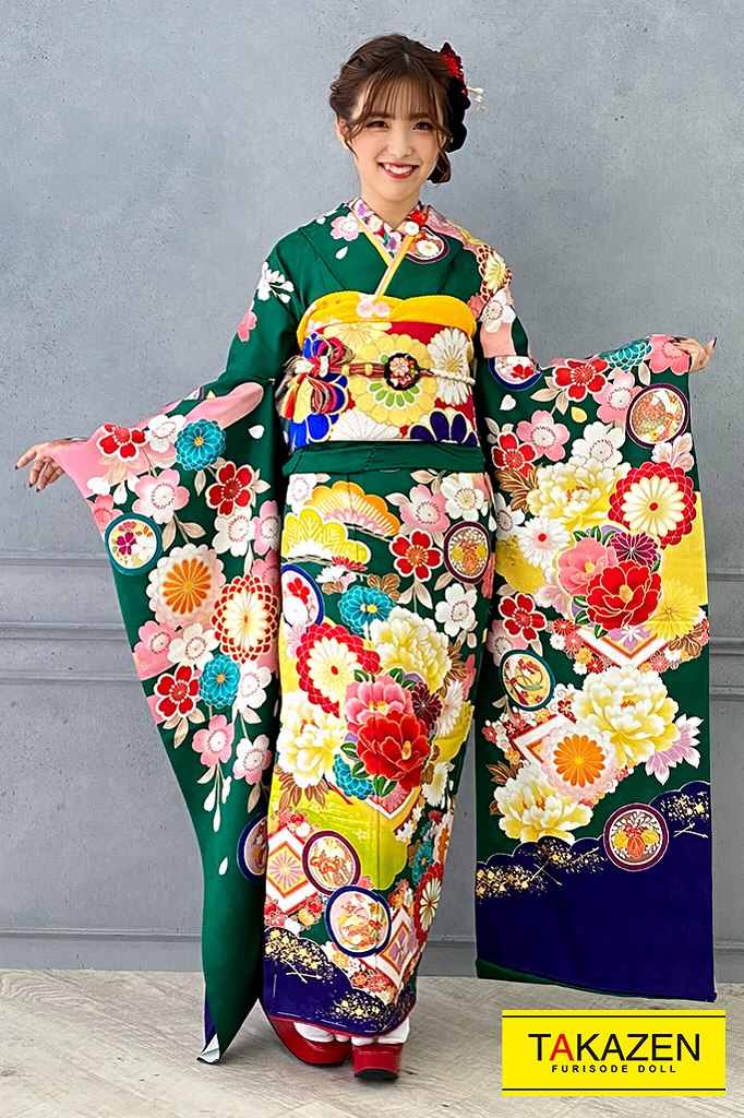 正統派古典　黄/赤/グリーン(緑色)　椿柄　華やか　かわいい古典振袖ネットレンタル　ポップ　　YK0161