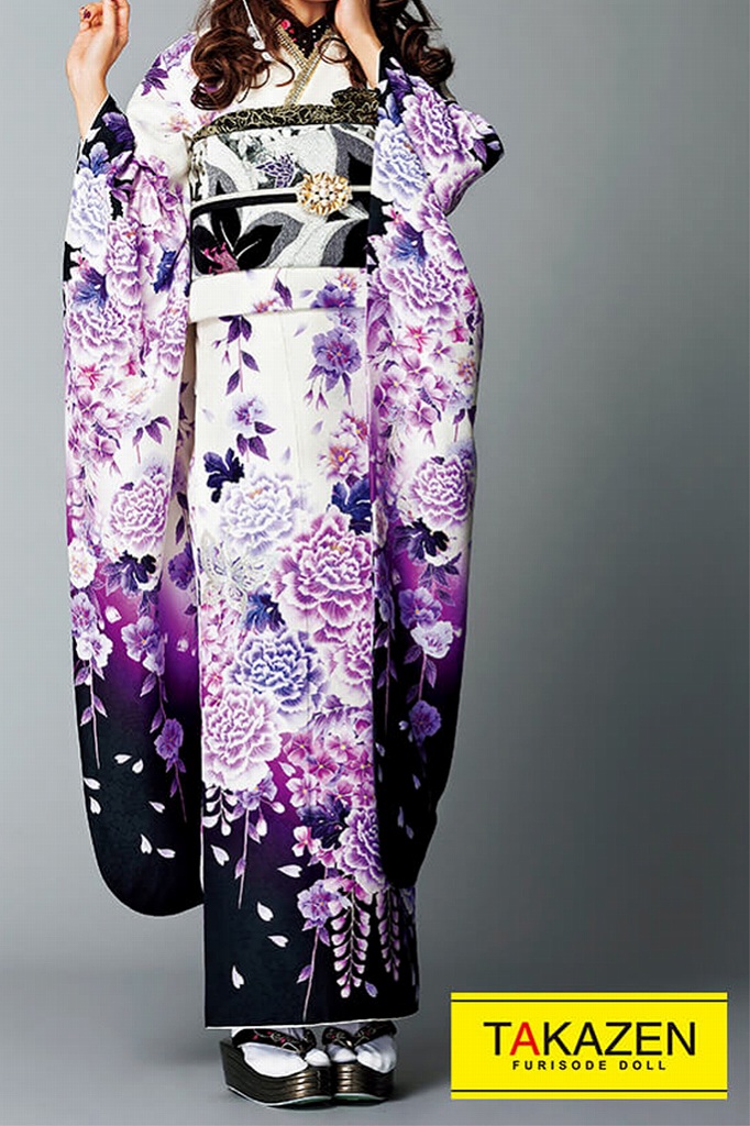 安い　大特価モード　白/黒/紫　牡丹柄　シンプル　かっこいい系振袖ネットレンタル　今だけお得　ラグジュアリー　#F0115