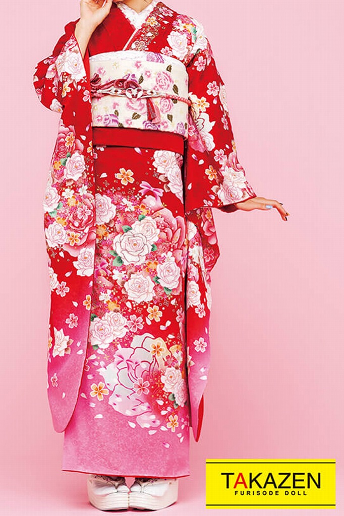 安いキュートガーリー　ピンク/赤　バラ柄　ゆるふわ　ラブリー　リズリサ好きの女の子におすすめ　かわいい　ポップ振袖ネットレンタル　32161