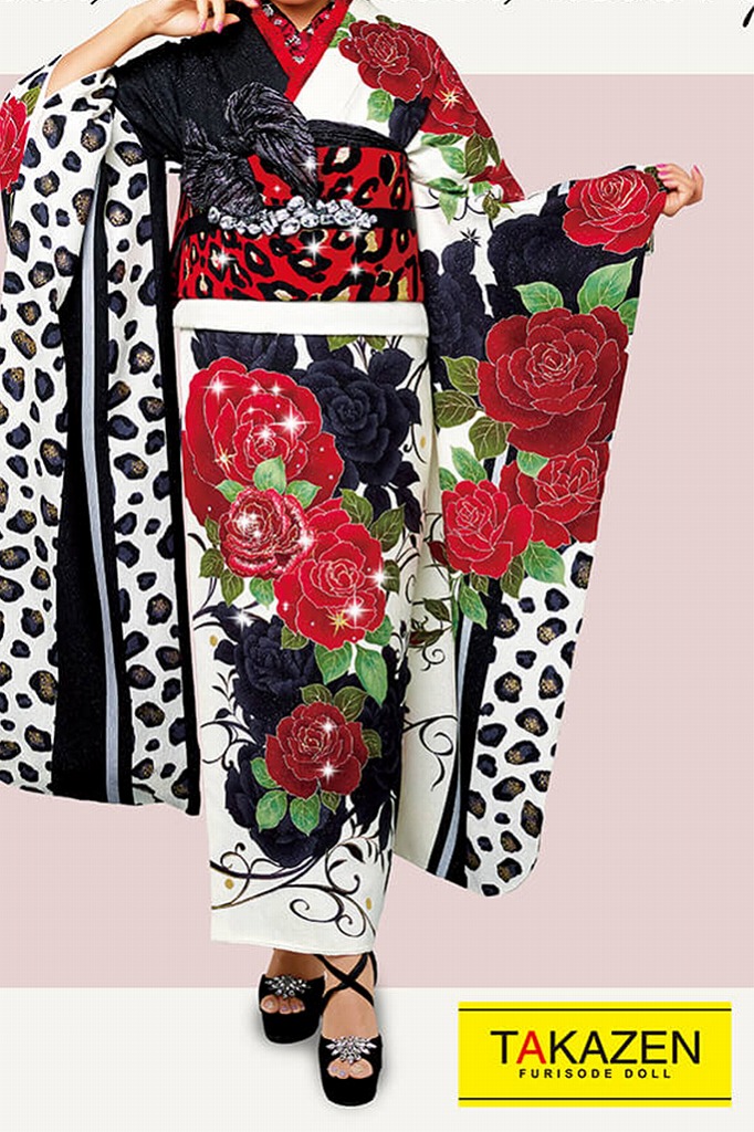 ギャルモード　白/黒/赤　　薔薇柄/ヒョウ柄　人と被らない振袖ネットレンタル　珍しい動物柄　32127