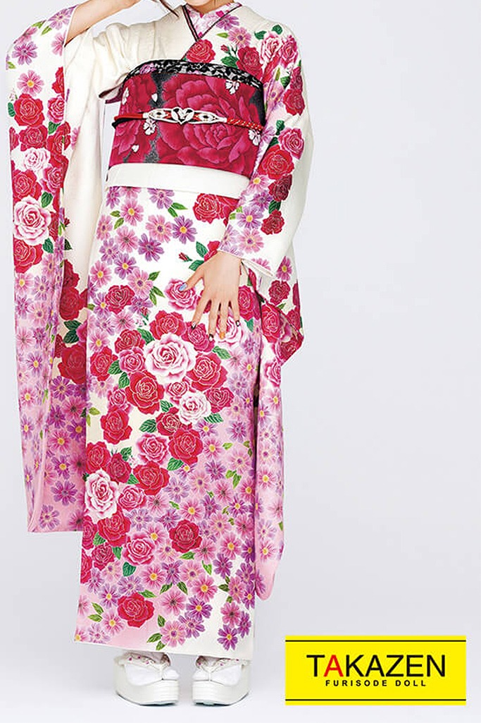激安キュートガーリー　ピンク/白/赤　バラ柄　可愛い振袖ネットレンタル　お得　安い　ラブリー　32187