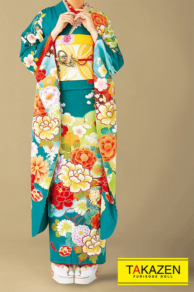 正統派古典　エメラルドグリーン　ボタン柄誰とも被らない振袖通販　個性的　32080