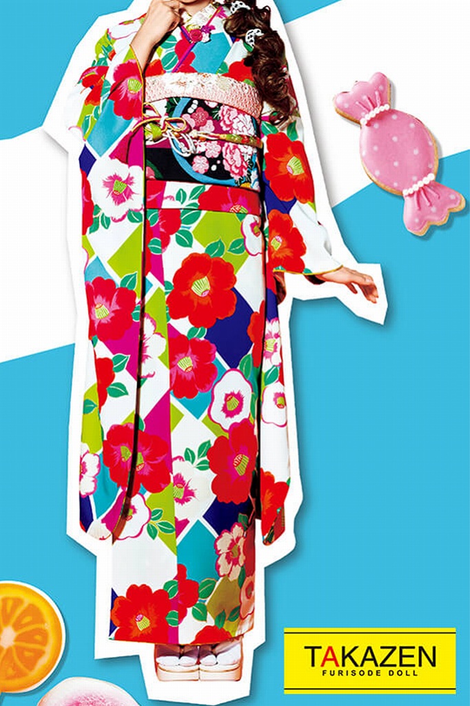 安いレトロポップ　オレンジ/ピンク/緑色　椿柄　人気　個性的　カラフル　モダン振袖ネットレンタル　可愛い　　32016