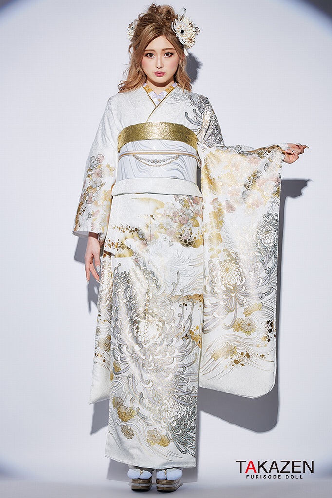 モード　白/金（ゴールド）　乱菊柄　ゆうちゃみ着用振袖ネットレンタル　ギャル　ラグジュアリー　K551