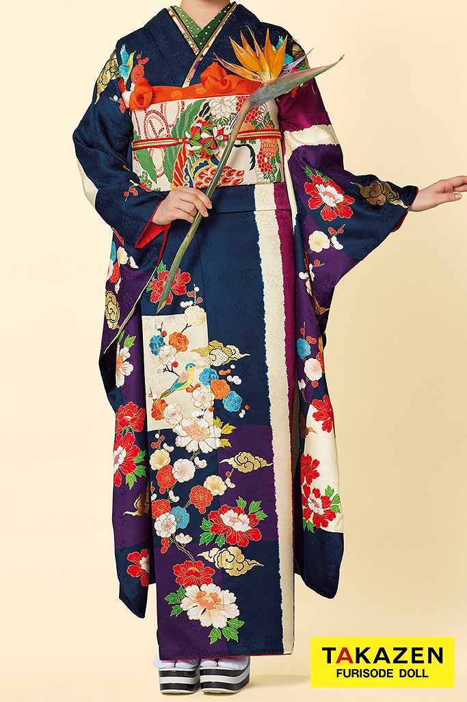 正統派古典　大人っぽい　紺/紫/白　鶯柄/ボタン柄　シンプル　上品古典振袖ネットレンタル　珍しい　22015