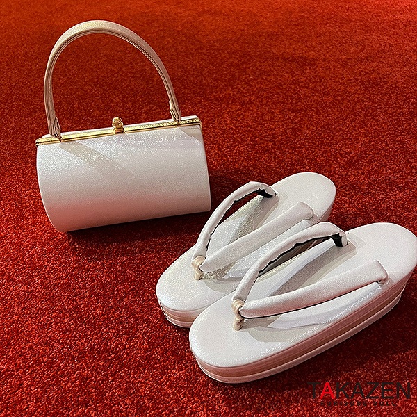 ラメ感オシャレ通販レンタル厚底草履バックセット　白/シルバー