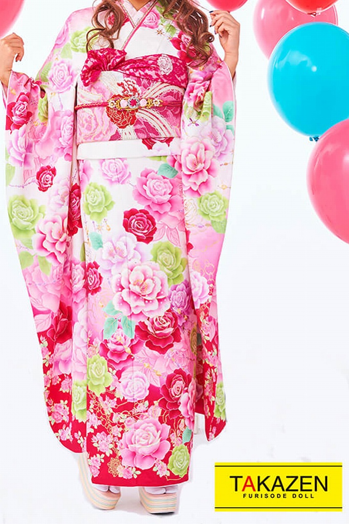 キュートガーリー　白/ピンク/グリーン(黄緑色)　バラ柄　ゆめかわいい　量産型　振袖ネットレンタル　ガーリー　32149