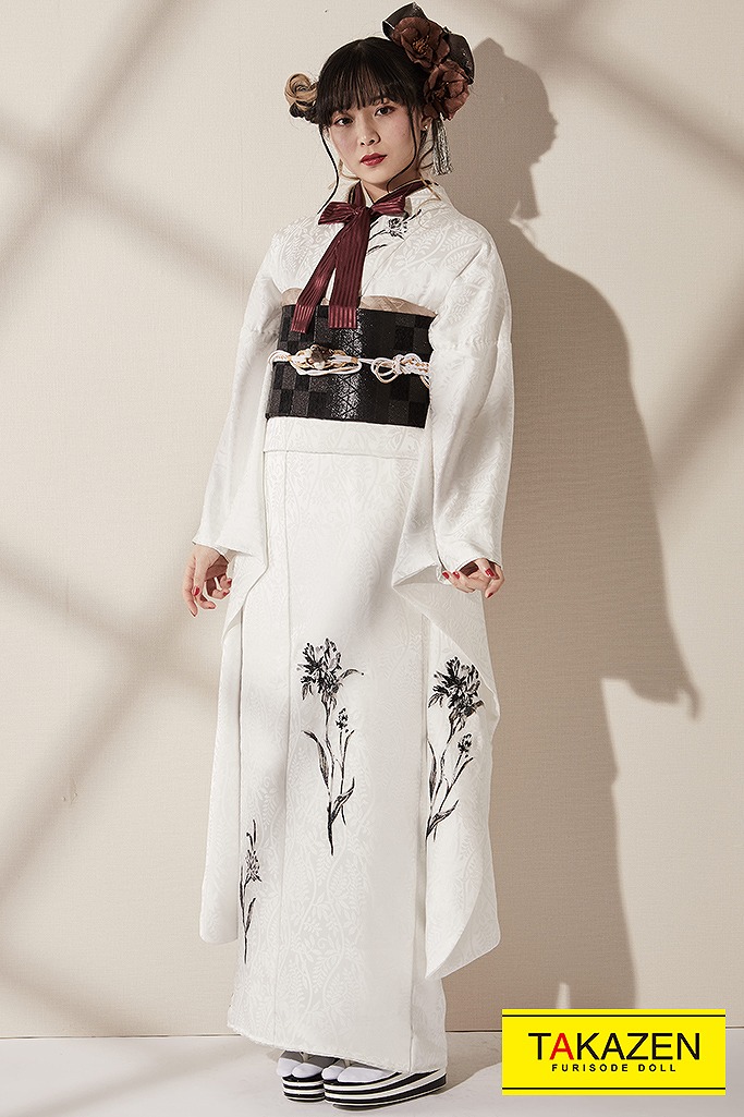 レトロ　白/ホワイト　ワンポイント　シンプル　振袖ネットレンタル　無彩色コーデ　リボンアレンジ　　K245