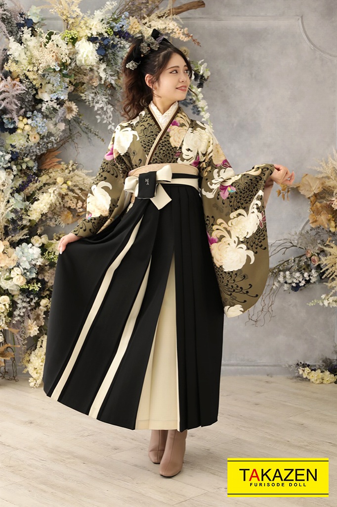 正統派古典　カーキ/くすみグリーン(緑色)　乱菊柄　上品　かわいい　清楚　今田美桜　ブーツコーデ袴ネットレンタル　K22036
