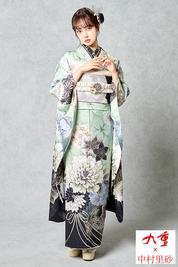 九重×中村里砂振袖ネットレンタル　くすみ色/水色(ブルー)/ミントグリーン/アイスブルー　牡丹柄　おしゃれ　　トレンド　K651