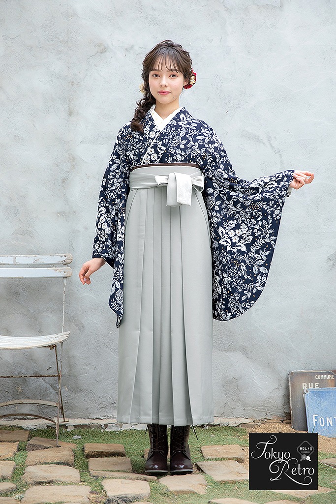 くすみカラーガーリー　紺/ネイビー　小花柄/洋風柄　フレンチガーリー　淡い色　可愛らしい　ブーツコーデ袴ネットレンタル　R24081