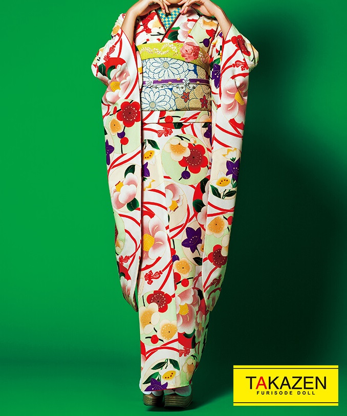 格安レトロ　白/クリーム/赤　椿柄　人気　個性的　おしゃれ　激安振袖ネットレンタル　#F0007