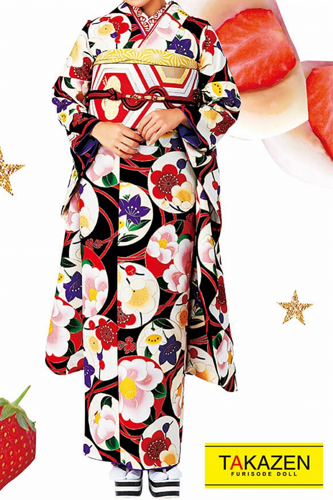 激安大正ロマンレトロ　黒地/赤　椿柄　個性的振袖ネットレンタル(フルセット10万円以下)　　32008