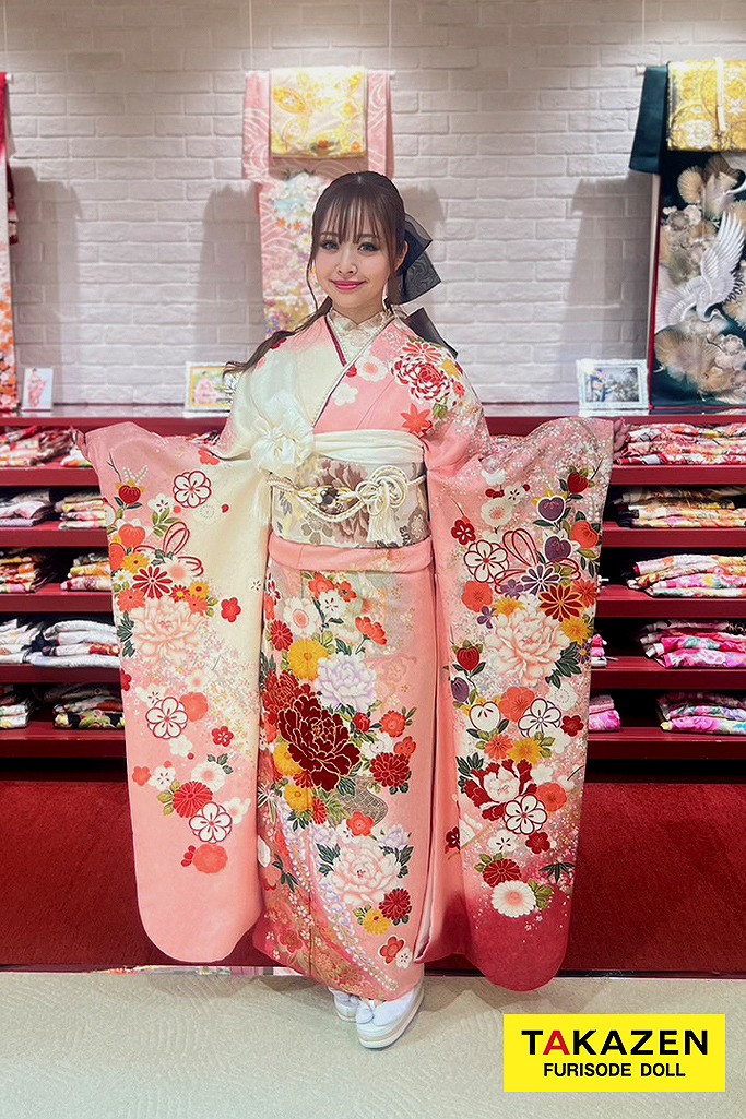 安くてかわいい！正統派古典　白/ピンク　椿柄　おしとやか　ベルベット素材　低身長さんにもおすすめ振袖ネットレンタル　M7