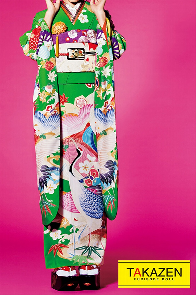 激安レトロ古典　グリーン(黄緑)　めでたい鶴柄　個性的　おしゃれ　振袖ネットレンタル　昭和レトロ　#F0039