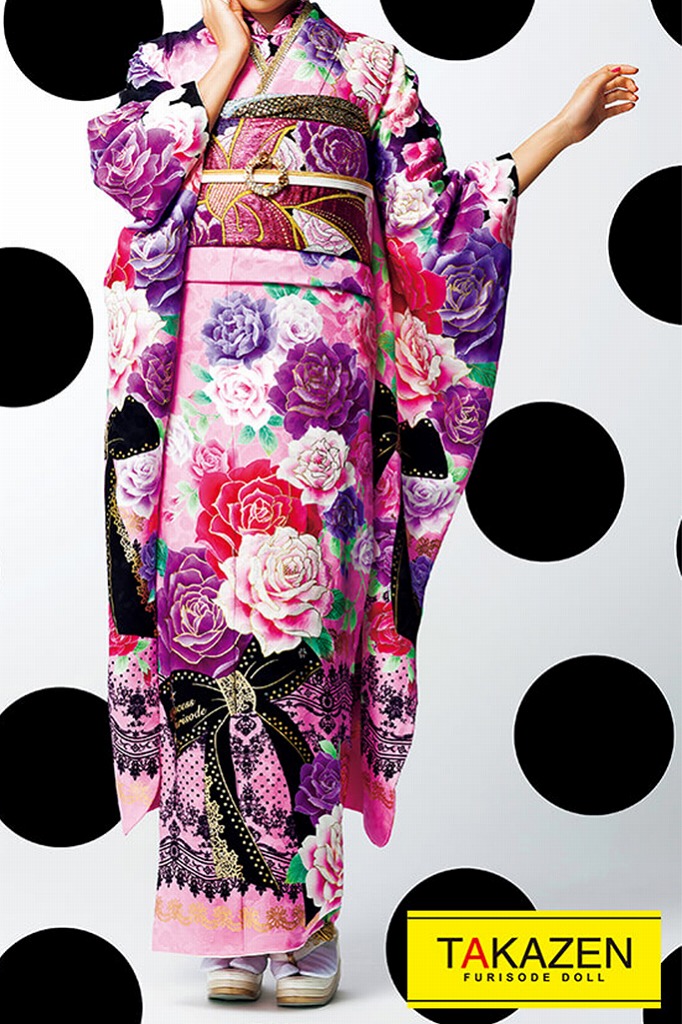 ヘップバーン　ピンク/紫　かわいいバラ柄/リボン柄　派手な地雷系振袖ネットレンタル　人とかぶらない　#F0107