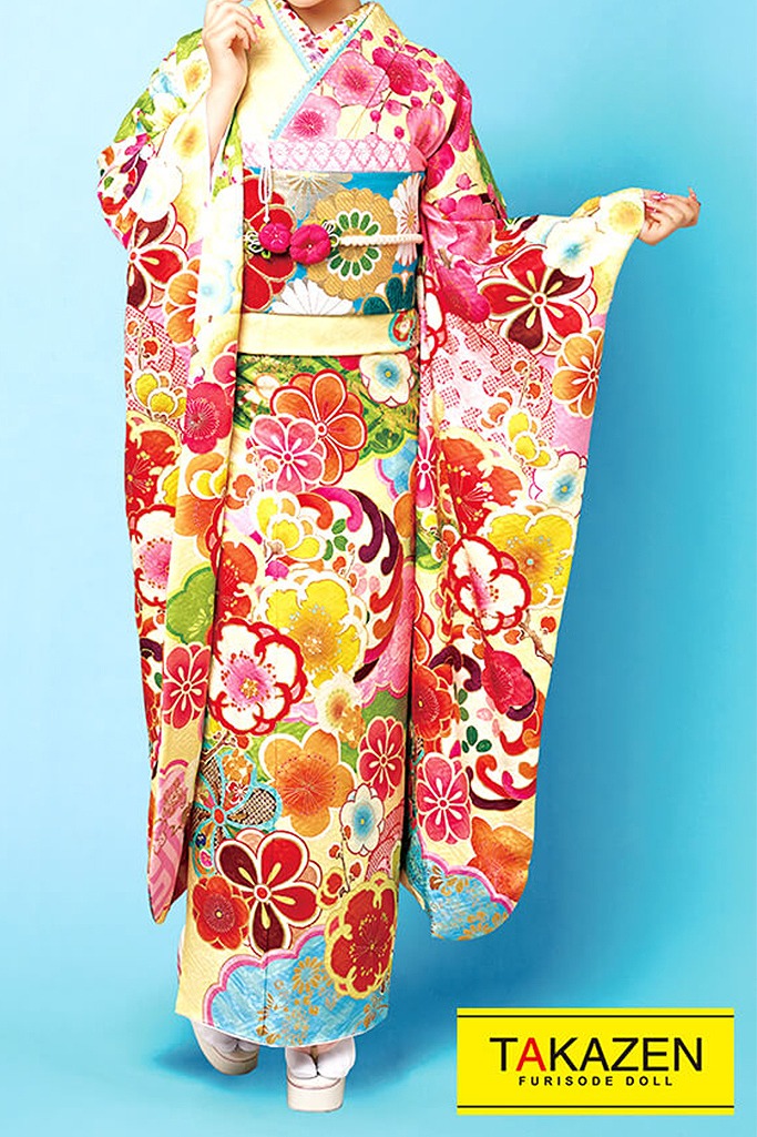 レトロ古典　クリーム/ピンク/オレンジ　花柄/現代柄　個性的　おしゃれ振袖ネットレンタル　パステルカラー　32100