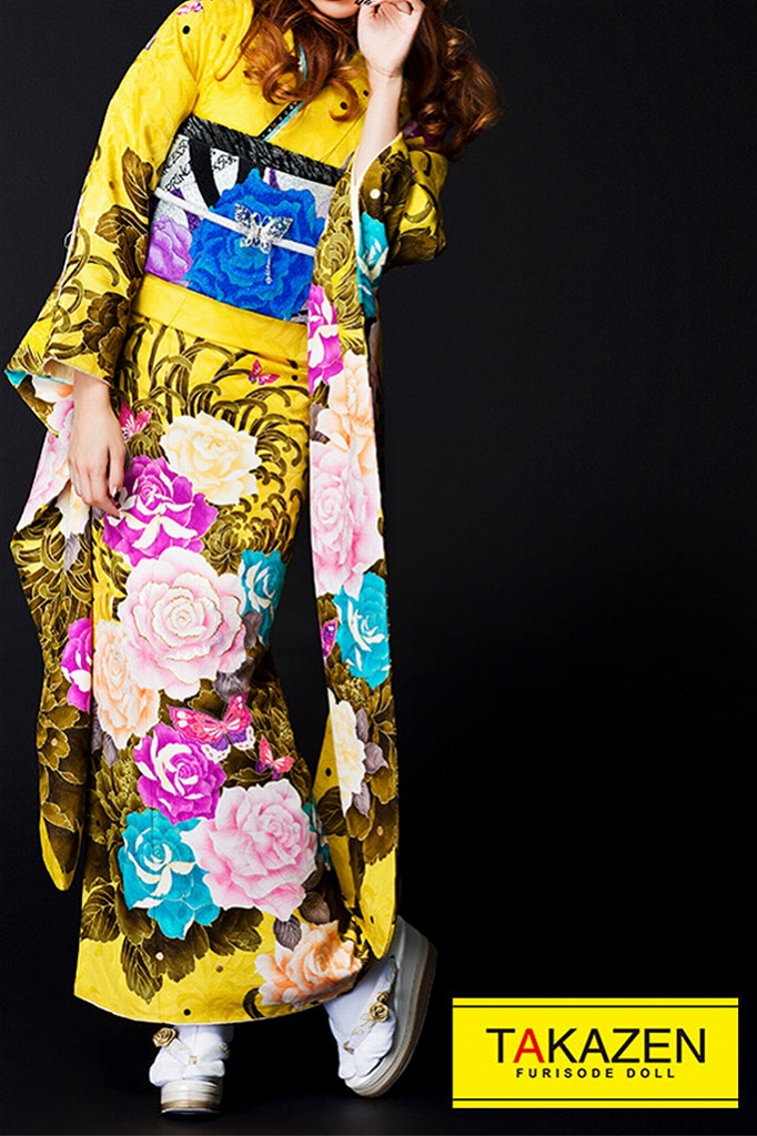 激安モード　黒/黄色　薔薇柄　人と被らない　豪華　派手　かっこいい振袖ネットレンタル　目立つ　#F0098