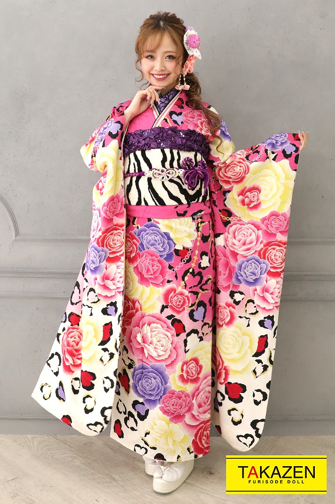 キュートポップ　ピンク/白/紫　ヒョウ柄　派手　目立つ　振袖ネットレンタル　個性的　  YK0149