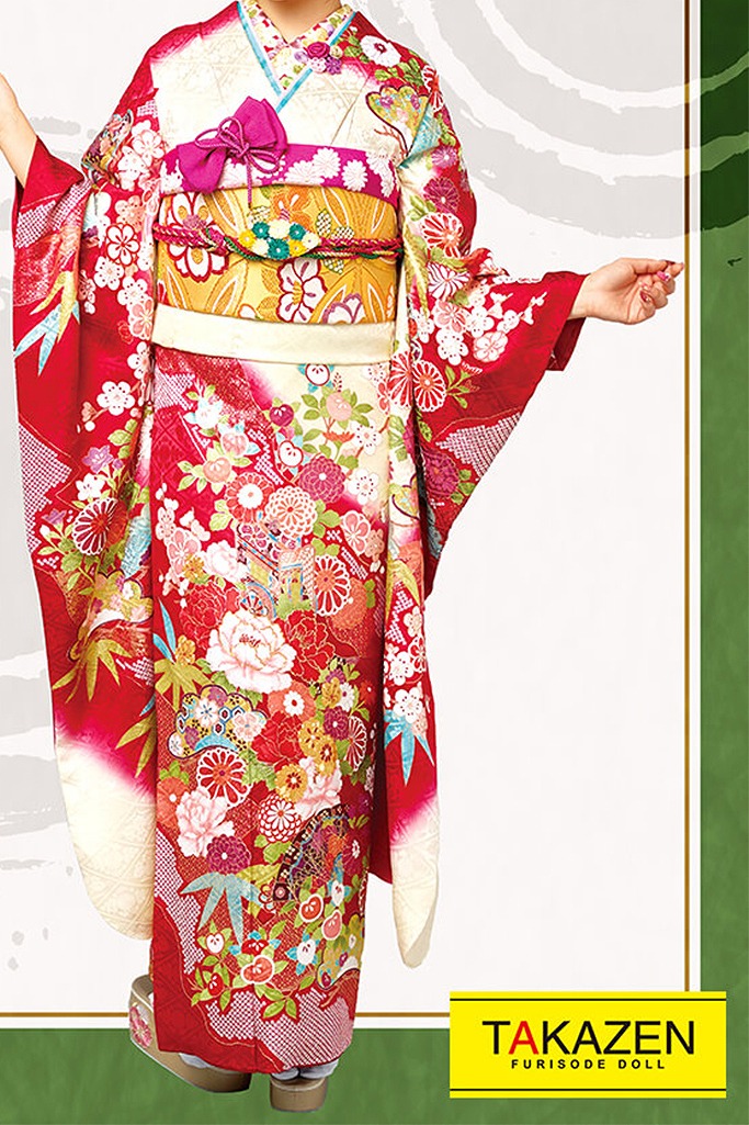 プレミアム古典　赤/クリーム/ピンク　ボタン柄　最高級　可愛らしい振袖ネットレンタル　本格的古典　　21035