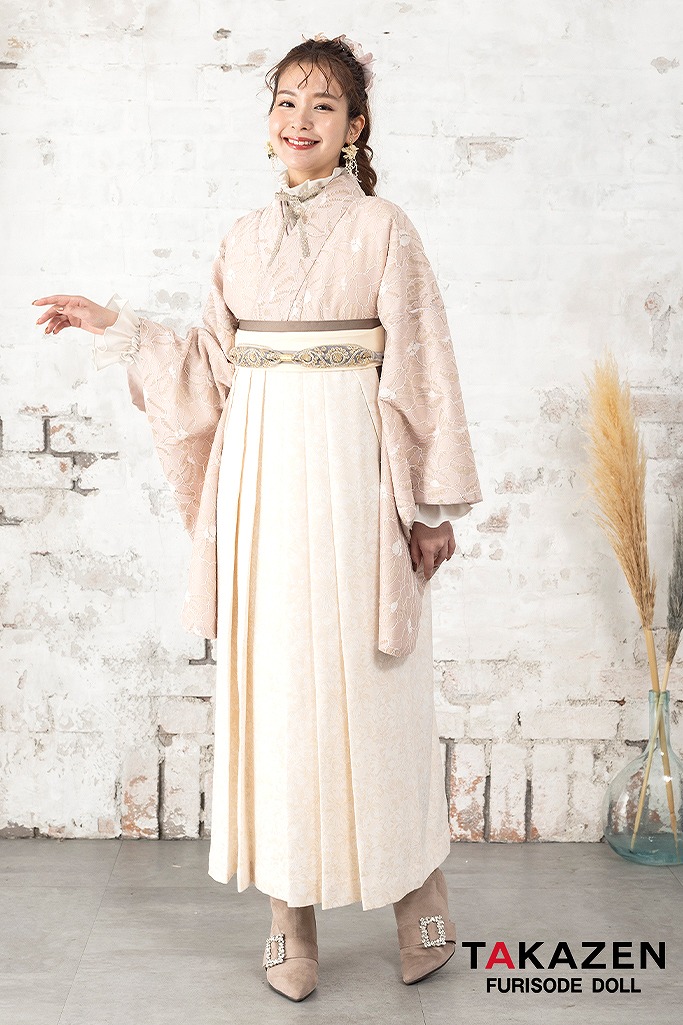 くすみカラーガーリー　くすみピンク/ピンクベージュ　大人しい柄　シンプル　リボンコーデ　ヒールコーデ　ワントーンコーデスタイル袴ネットレンタル　K24035