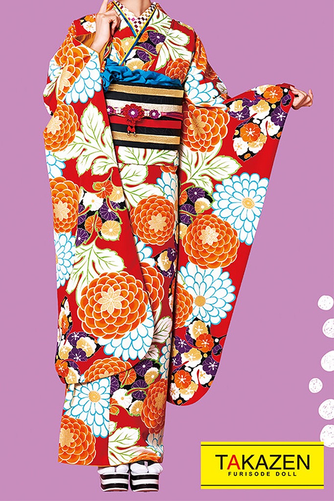 安い　プチプラレトロ　オレンジ/赤/ビタミンカラー/原色　菊柄　個性的振袖ネットレンタル　モダン　華やか　#F0003