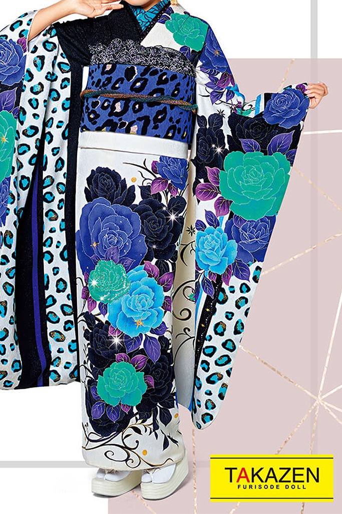 クール系モード　白/ブルー(青)/黒　ヒョウ柄/レオパード柄　人と被らない　派手　ギャル振袖ネットレンタル　30141