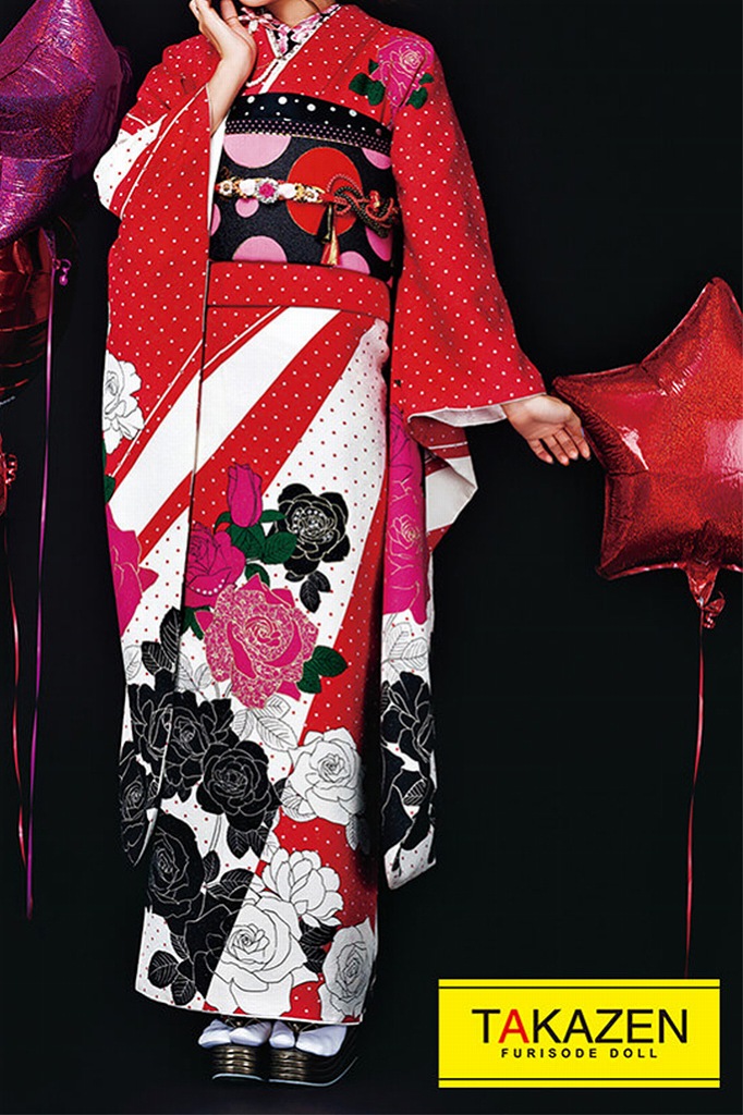 格安キュートガーリー　赤/白/黒　バラ柄/ドット柄　可愛い　振袖ネットレンタル　お得　安い　プチプラ　　32189