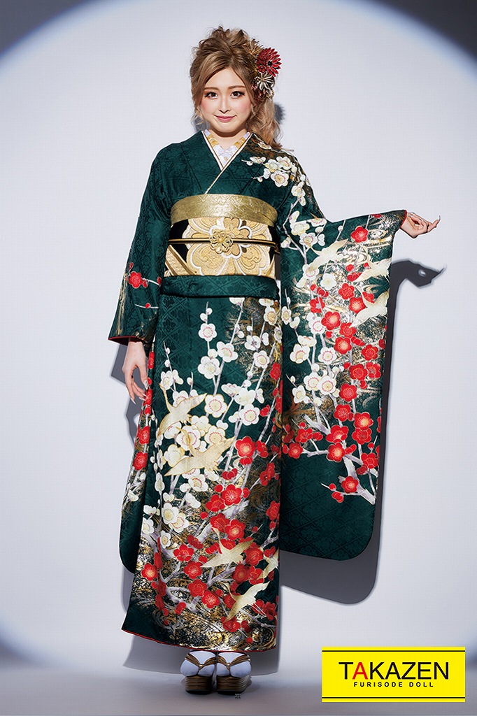 正統派古典　緑/白/赤　梅柄/小花柄　大人　かっこいい　華やか古典　渋め　ゆうちゃみ着用振袖ネットレンタル　K572