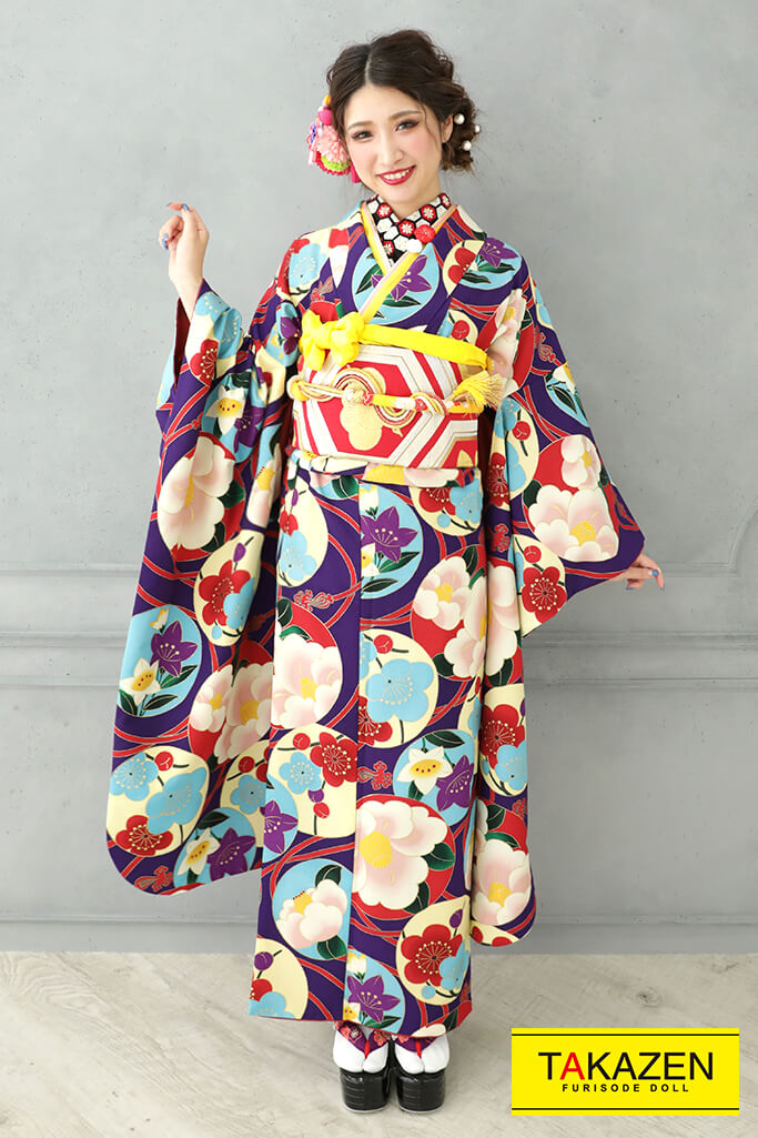 安い！レトロ　紫/赤/水色(ブルー)　椿柄　人気　個性的　モダン振袖ネットレンタル　人と被らない　21042