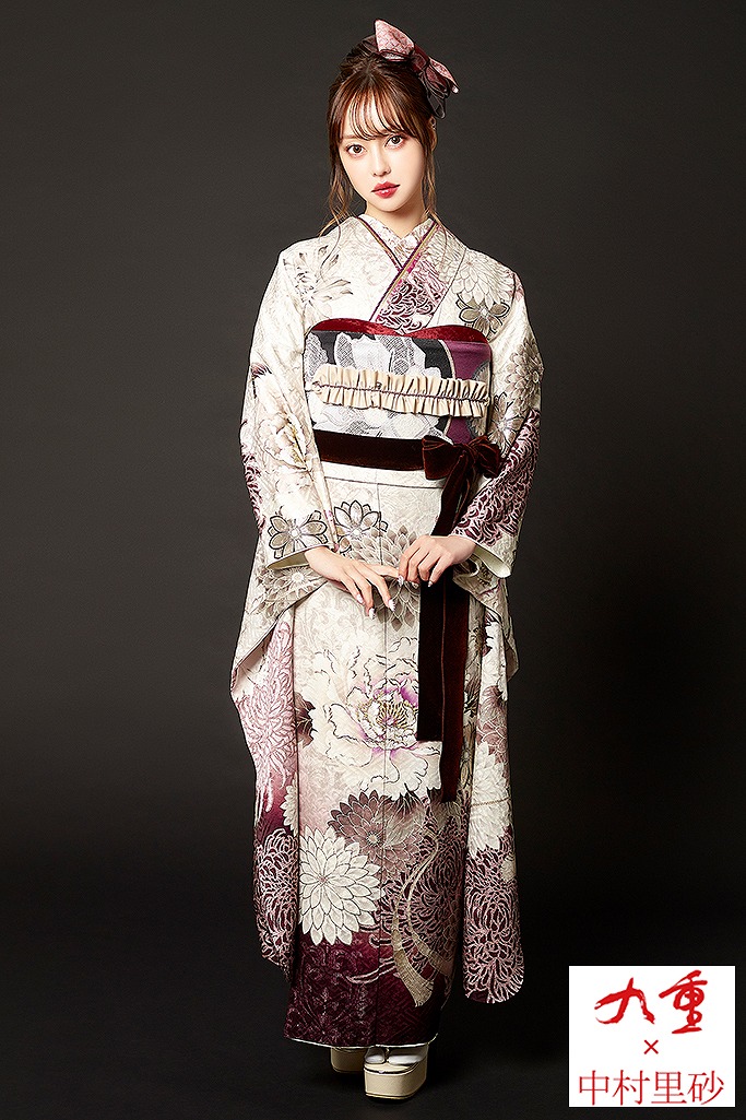 九重×中村里砂振袖ネットレンタル　くすみ色/クリーム/エンジ　大柄　牡丹柄　淡い色　おしゃれ　トレンド　K662