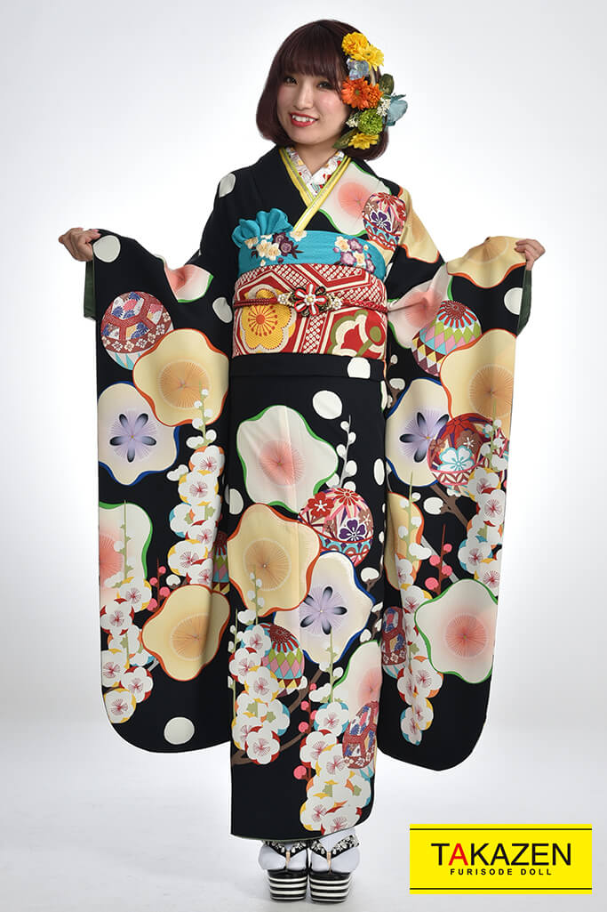 格安レトロ　黒/黄/赤　和柄　大正ロマン振袖ネットレンタル　個性的　かわいい　　#F0015