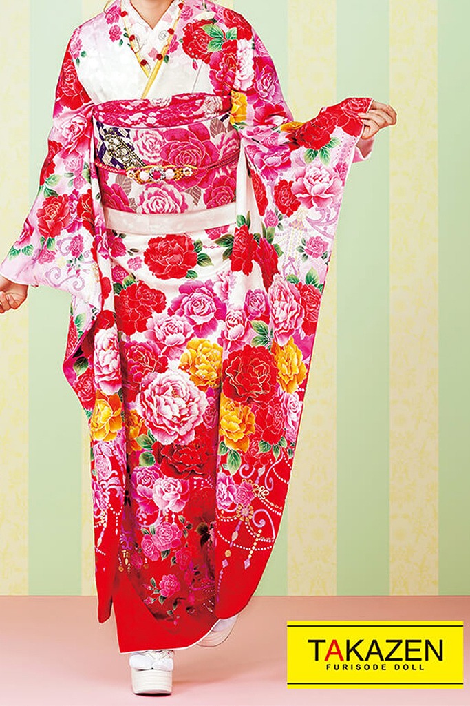 安い！可愛いキュート系　白/ピンク/赤　バラ柄　派手　キュートポップ　ガーリー　華やか　かわいい　リズリサ風振袖ネットレンタル　#F0113