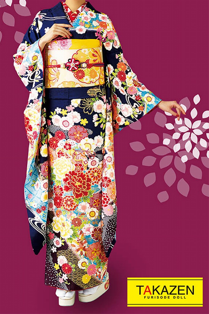 正統派古典　紺(ブルー)/赤/ネイビー　牡丹柄　大人っぽい　上品　古風古典振袖ネットレンタル　豪華　　32044