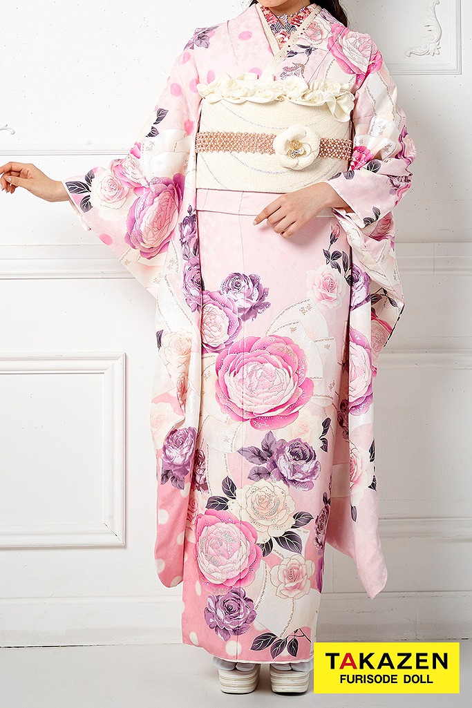 ヘップバーン　ピンク/紫　かわいいバラ柄/リボン柄　お洒落　人気　写真映えする振袖ネットレンタル 　22039