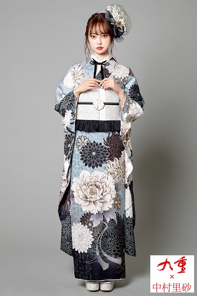 九重×中村里砂振袖ネットレンタル　くすみ色/水色/青(くすみブルー)　大柄　牡丹柄　淡い色　おしゃれ　トレンド　K656