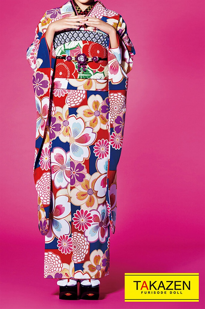 安いレトロ　ブルー(青色)/赤　桜柄/総柄　個性的　レトロモダン振袖ネットレンタル　格安　激安プライス　32183