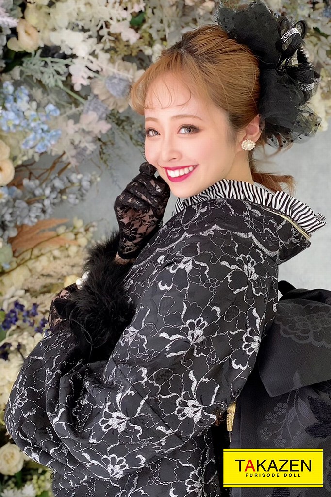 ヴィンテージスタイル　黒/ブラック　総レース　おしゃれ振袖ネットレンタル　今どきスタイル　レース小物　オールブラック　YK217