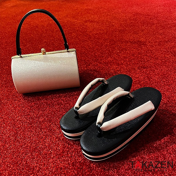 ラメ入りかわいい通販レンタル厚底草履バックセット黒/金（ゴールド）